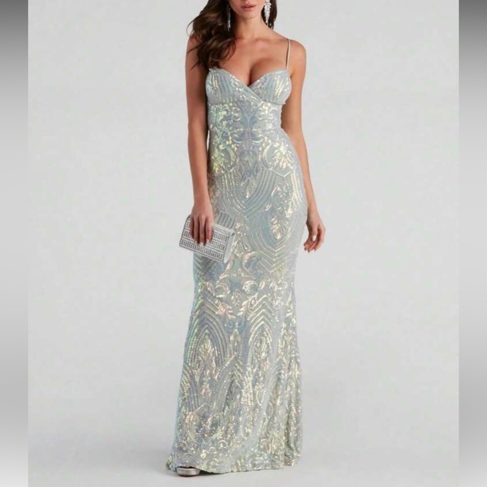 Sequin Illusion Light Blue Evening Gown - Picture 4 of 4